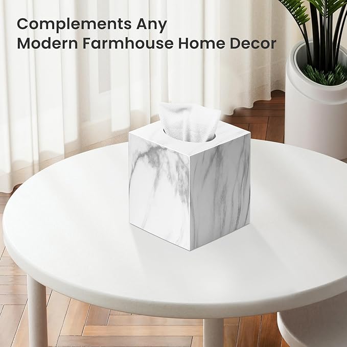 Square Tissue Box Cover, Marble Modern Facial Paper Holder, Cube Acrylic Tissue Holder Accessories for Bathroom Vanity Countertop, Bedroom Dresser, Night Stand, Desk, Office