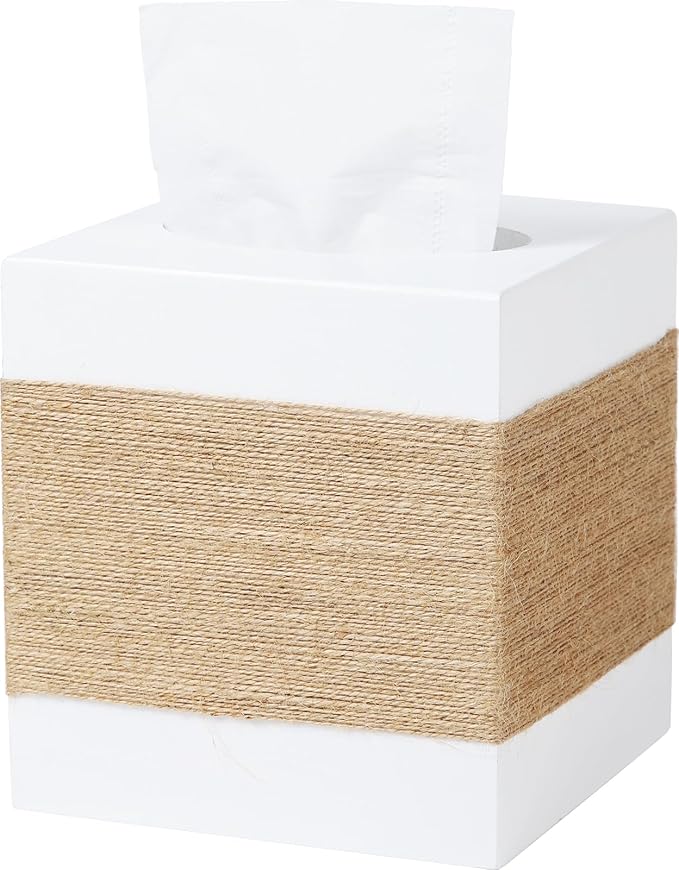 CATORY Tissue Box Cover, Wood Tissue Box Cover Square, Farmhouse Tissue Box Holder Covers Your Tissues, Decorative Tissue Cube Box Cover with Slide-Out Bottom (White)