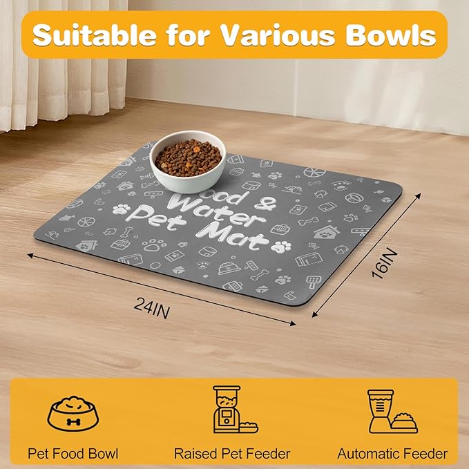 Pet Feeding Mat,Dog Cat Mat for Food and Water,Dog Bowl Waterproof Placemat with Rubber Backing,Absorbent Quick Dry Water Dispenser Mat for Pet（Dark Gray 16"×24"）