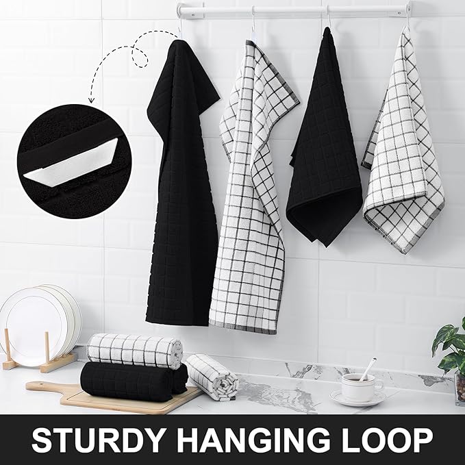 Homaxy Premium Cotton Kitchen Towels 16"x 28", Large Natural Ring Spun 390 GSM Dish Towels, Super Absorbent Terry Kitchen Hand Towels, Soft Tea Towels with Hanging Loop, Black Check Design, 8 Pack