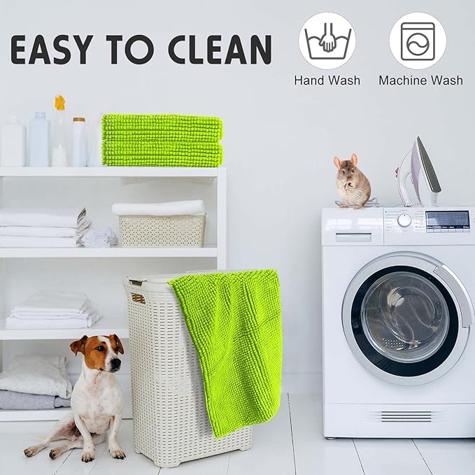Amylove 4 Pcs Guinea Pig Cage Liner Guinea Pig Bedding Dog Door Mat for Muddy Pet Paws Washable Chenille Pee Pads Small Animal Sleeping Bed for Bunny Hamster(16 x 24 Inch,Rectangular,Green)