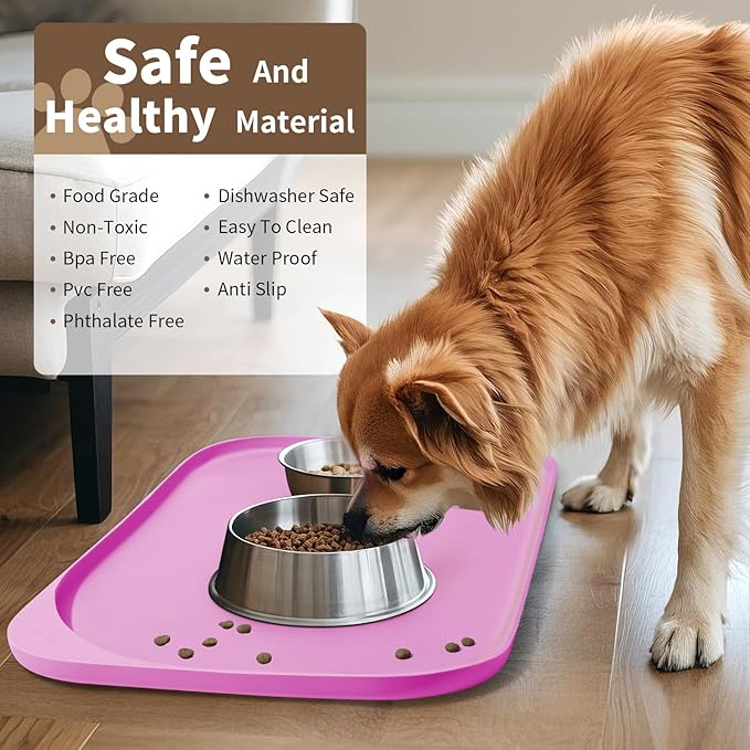 Smilool Silicone Pet Food Mat with Raised Edge for Food and Water Bowl, Dog Feeding Mats, Cat Food Trays for Floor Waterproof, Rubber Tray for Dogs and Cats, 24 x 16 x 0.8 Pink