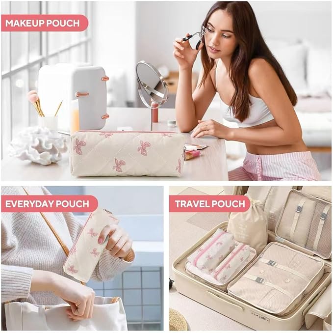MZLUWM 2 Pcs Makeup Bag Travel Cosmetic Bag，Cute Floral Quilted Makeup Bag Set for Women Girls，Cotton Travel Toiletry Zipper Make Up Pouch (Pink Bow)