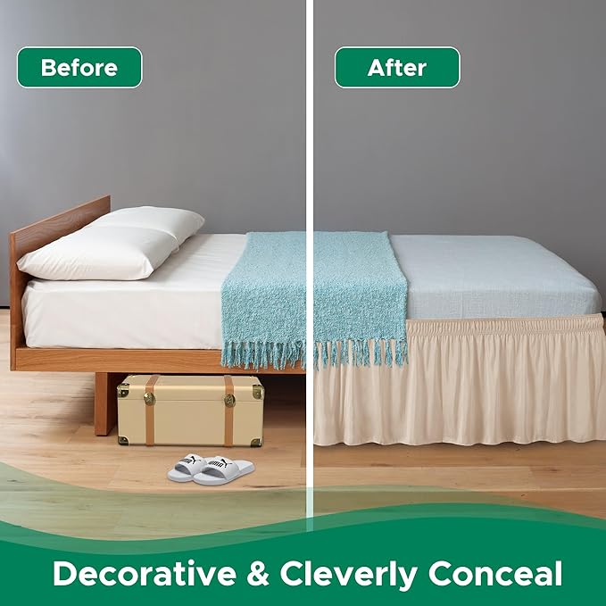 Biscaynebay Wrap Around Bed Skirts for Queen Beds 17" Long Drop, Sand Adjustable Elastic Dust Ruffles Easy Fit Wrinkle Resistant Silky Luxurious Fabric Machine Washable