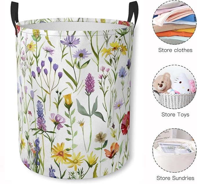 Laundry Basket Wildflower Meadow Collapsible Laundry Hamper with Handles Clothes Storage Bin for Household Bedroom Bathroom College Dorms