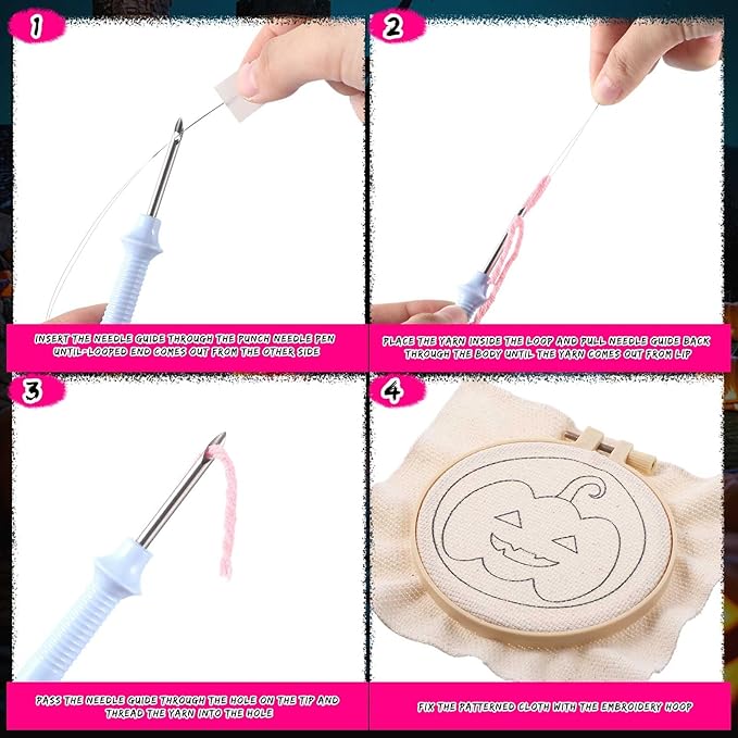 Yaomiao 6 Pcs Halloween Punch Needle Coaster Kit Punch Needle Embroidery Kits with Patterns Yarns Tools Adhesive Felt Embroidery Hoop Instruction Holder for Adult DIY Craft Supplies