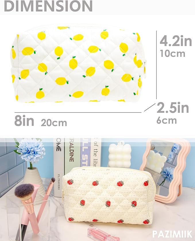 PAZIMIIK Vintage Quilted Makeup Bag Cosmetic Pouch for Brushes Pencils and Travel Make Up Accessories for Women and Girls Lemon White