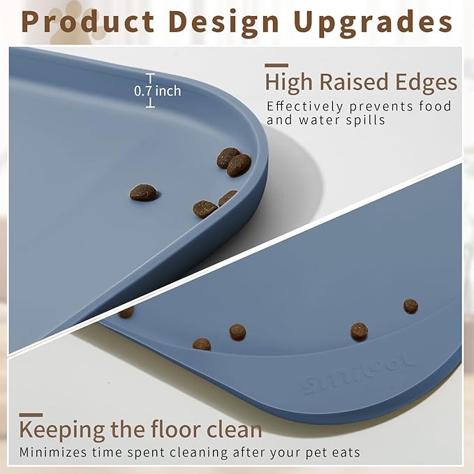 Smilool Silicone Pet Food Mat with Raised Edge for Food and Water Bowl, Dog Feeding Mats, Cat Food Trays for Floor Waterproof, Rubber Tray for Dogs and Cats, 17 x 12 x 0.7 Slate Blue