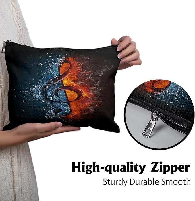 Cafl Fire Water Musical Clef Makeup Bag Travel Large Musical Note Cosmetic Bag Organizer toiletry Essentials Jewelry Zipper Bag Gift For Women -10×8 inch