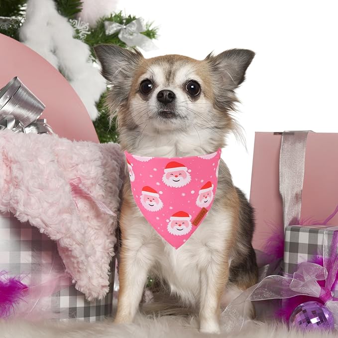 PTDECOR Christmas Dog Bandana,Xmas Pink Scarf Santa Deer Reversible Holiday Dog Scarf, Female Christmas Bandanas for Small Dogs Pets (Small)