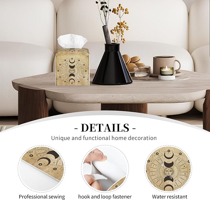 POIUBLE Leather Tissue Box Holder Moon Phases Tissue Box Cover Astrology Square Waterproof Tissue Holder Organizer Modern Napkin Holder for Bedroom Dresser Night Stand Office Desk