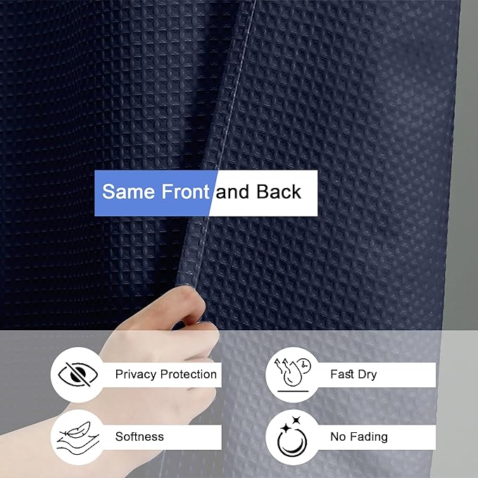 OVZME Long Fabric Shower Curtain Set, Waffle Textured Shower Curtain for Bathroom - Weight 230GSM Heavy Duty Hotel Spa Luxury Bath Curtain Set with 12 Plastic Hooks, 72x78, Navy Blue