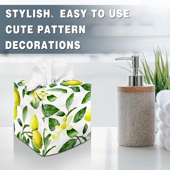 Tissue Box Cover Square Decorative Tissue Box Holder Cute Funny Cube Tissue Case Cover-Fresh Lemon Flower Tissue Box Cover
