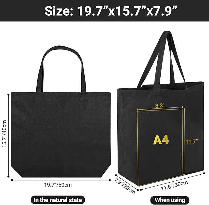 Segarty Canvas Tote Bag for Women, 6 Pack 20x15.7 Reusable Black Shopping Bag, Natural Cotton Durable Shoulder Bag Aesthetic, Blank Canvas Tote Bulk for DIY, Gift, Grocery, Beach, Travel
