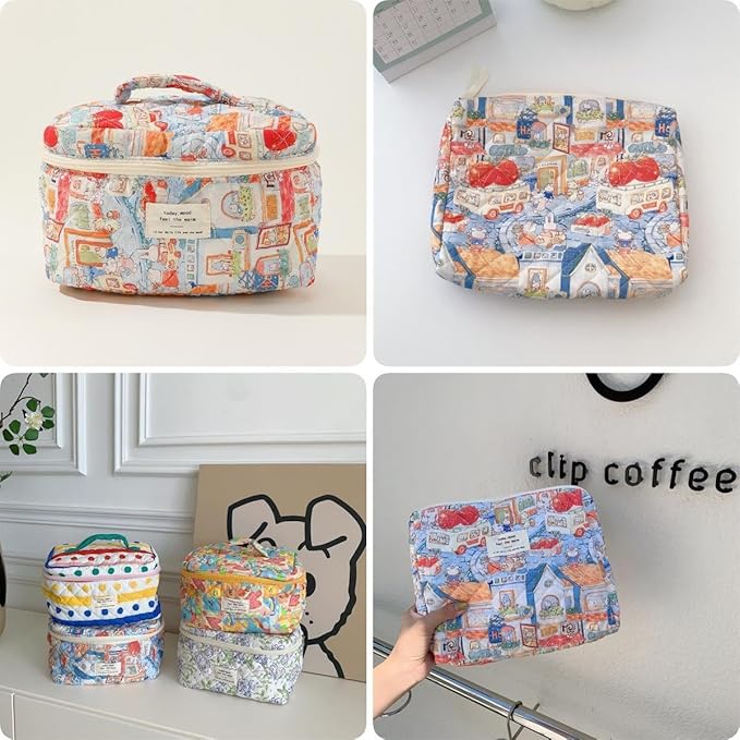 Fcteap Makeup Bag Travel Essentials Quilted Cosmetic Toiletry Pouch Organizer Insert for Women Dorm Room Essential Gift Large Capacity Opening Lightweight Cute Aesthetic Portable 2PCS (Rabbit)