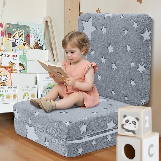 MeMoreCool Glow Star Kids Foldable Floor Mattress Mat with Carry Bag, 3-in-1 Tri-Fold Futon, Soft Plush Glow Cover, Portable for Travel, Grey 63x26 Inch