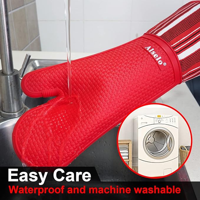 Silicone Oven Mitts Heat Resistant 550 Degree, Extra Long Kitchen Mittens with Non-Slip and Waterproof Pot Holders for Baking Cooking Barbecue Microwave Machine Washable(Extra Long red, 2)
