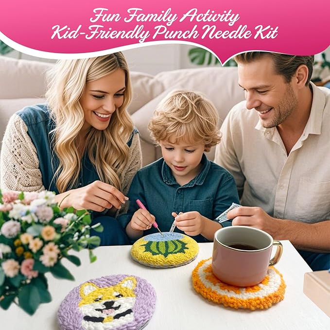 Punch Needle Coaster Kit for Adults Beginners, Easy Punch Embroidery Starter Set with Instructions – Fun Mug Rug Making Kit for Table Decor & Festival DIY Gifts (6pcs Succulent Plants)