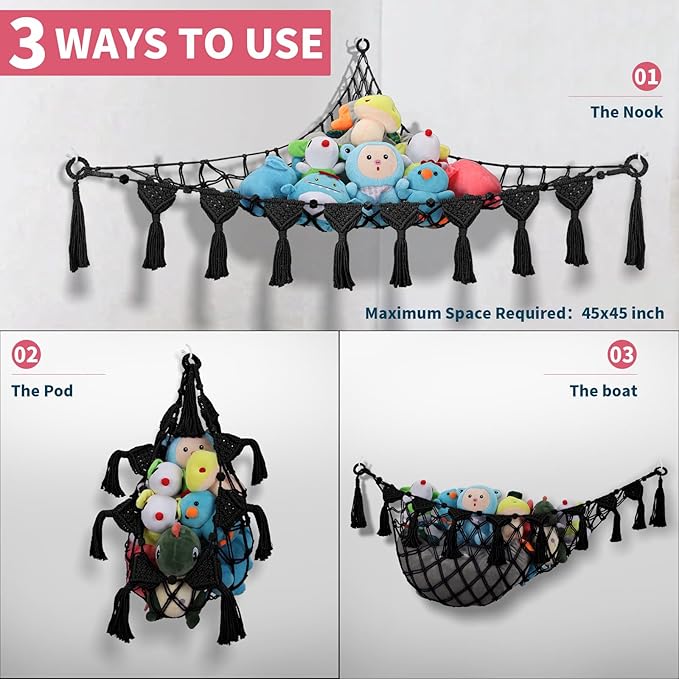 iHansee Stuffed Animal Storage Hammock, 56'' Jumbo Boho Macrame Tassels Corner Toy Holder Wall Hanging Net Organizer for Nursery Teddy Plushie, Black Plush Toy Net with Star Light for Boys Girls Gift