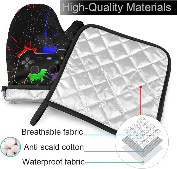 Video Game Joystick Oven Mitts and Pot Holders Insulated Gloves & Kitchen Counter Safe Mats for Cooking BBQ Baking Grilling (2-Piece Set)