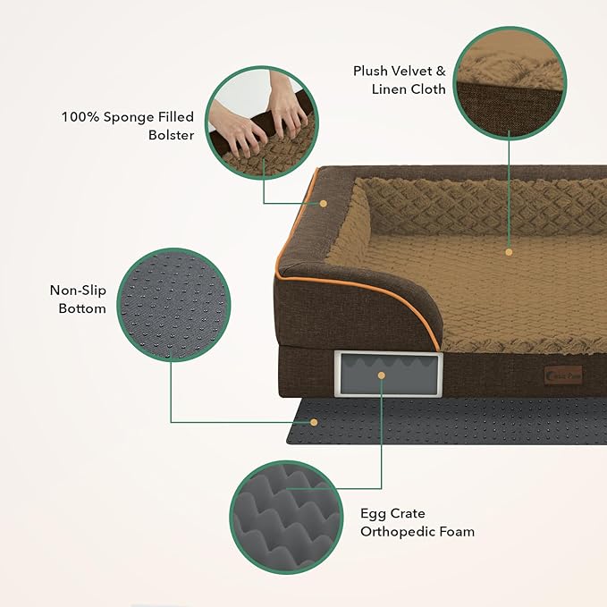 Casa Paw Orthopedic XXL Dog Beds, Waterproof Memory Foam Big Pet Bed for Extra Large Sized Dogs 53x42Inch, Non-Slip Bottom and Egg-Crate Foam Dog Couch Bed with Washable Removable Cover, Brown