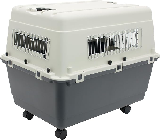 SportPet Designs Plastic Kennels Rolling Plastic Wire Door Travel Dog Crate- Large Kennel, Gray