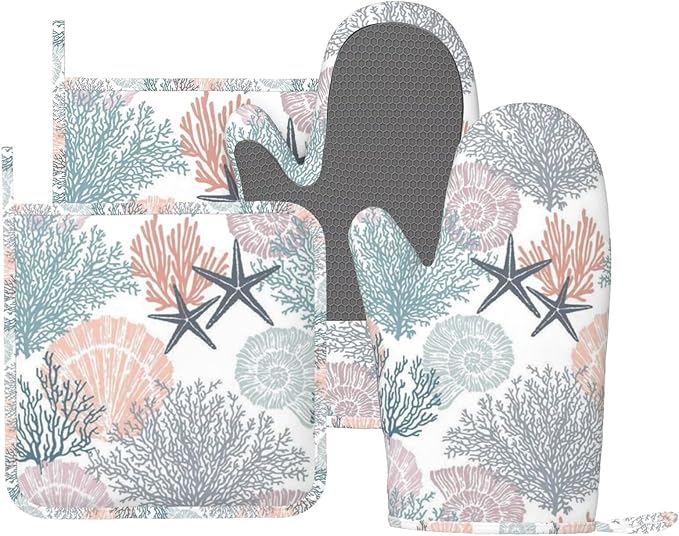 Nautical Coastal Oven Mitts and Pot Holders Set, 4pcs Silicone Starfish Seashell Coral Beach Themed Oven Glove for Kitchen Heat Resistant Oven Mitts and Non-Slip Potholders Orange Purple
