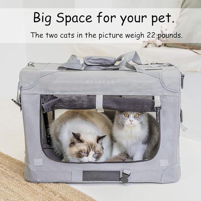 Petseek Extra Large Cat Carrier Soft Sided, Portable Small Dog Carrier for 2 Cats, 24"x16.5"x16" Car Travel Folding Comfortable Design with Bowl, Grey