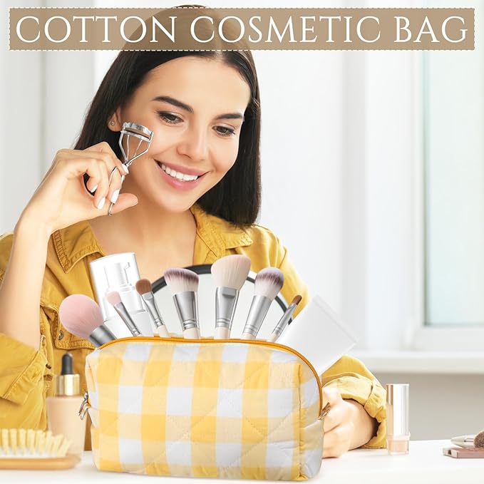 Paterr 10 Pcs Quilted Makeup Bag Bulk Cotton Floral Cosmetic Bag Women Girls Bridesmaid Gifts Cute Makeup Pouch Coquette Aesthetic Travel Toiletry Organizer(Yellow Floral,7.87 x 4.72 x 3.15 Inches)