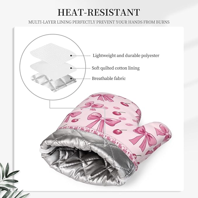 Oven Mitts Pot Holders Set Pink Bow Pattern Cherry Silicone Kitchen Gloves Potholders Heat Resistant for Chef Baking Cooking Grilling BBQ 4 Pack Mitt