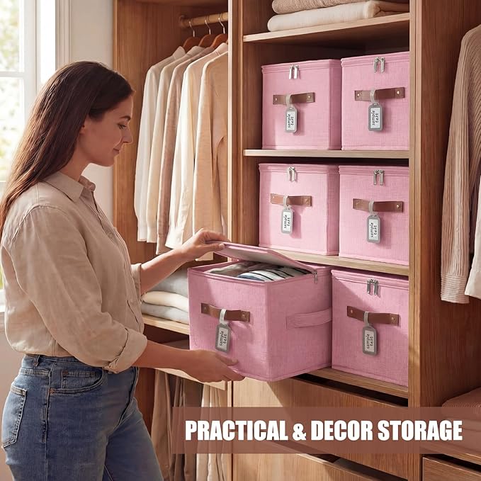 Fiwochic 6 Pack Fabric Storage Bins with Lids and Label, 10×8×7Inch Foldable Cotton Linen Cute Storage Boxes with PU Leather Handles for Closet, Bedroom, Shelf, Nursery, Pink