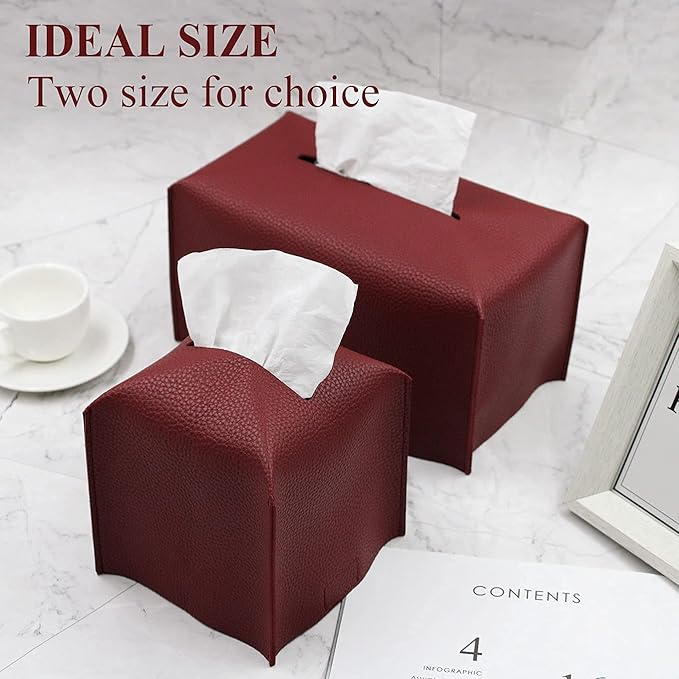 Livelab Tissue Box Cover, Modern Decorative PU Leather Rectangular Tissue Box Case Organizer Holder for Vanity Countertop, Night Stands, Livingroom, Office Desk & Car 9.5X5X5'' | Wine Red