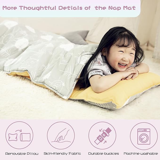 Hi Sprout Toddlers Nap Mat with Removable Pillow and Soft Blanket, Lightweight Daycare Preschool Kindergarten Sleeping Bag, Travel Slumber for Kids Girls Boys