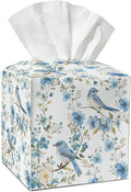 Blue Bird and Flower Tissue Box Covers Square, Leather Tissue Box Holders Decorative for Car Nightstand Home Office Bathroom Organizer, Square Facial Paper Organizer Home Decor -012