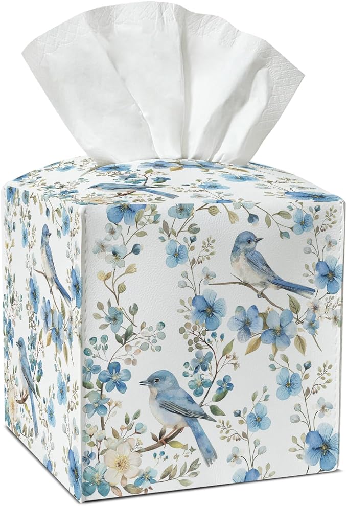 Blue Bird and Flower Tissue Box Covers Square, Leather Tissue Box Holders Decorative for Car Nightstand Home Office Bathroom Organizer, Square Facial Paper Organizer Home Decor -012