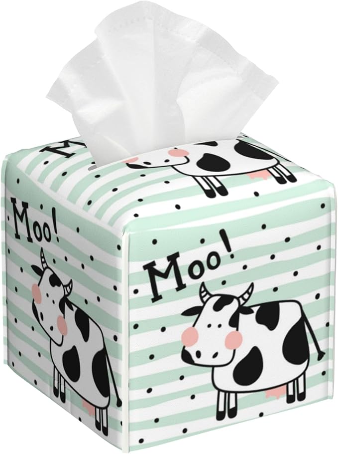 POIUBLE Leather Tissue Box Holder Cute Cow on Stripes Tissue Box Cover Square Waterproof Tissue Holder Organizer Modern Napkin Holder for Bedroom Dresser Night Stand Office Desk