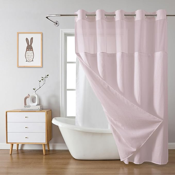 eachope BlushPink No Hook Waffle Weave Shower Curtain with snap-in Liner Replacement, 230GSM Waterproof Fabric Hotel Shower Curtain Set for Bathroom, Through Mesh Top Window,71Wx74H