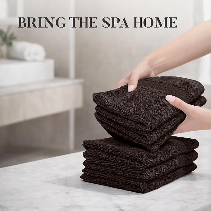 RIVERSIDE 12 Pack Premium 100% Cotton Face Wash Cloths, 12 x 12 Inches, Soft & Absorbent Face Towels for Bathroom Wash Clothes, 550 GSM, Luxury WashCloths for Showering, Body, Spa & Gym, Brown