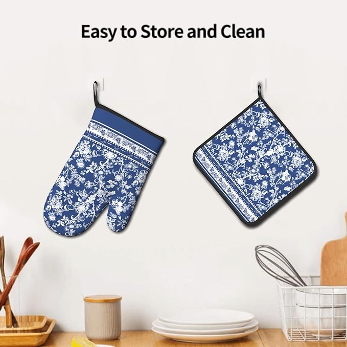 Blue White Floral Oven Mitts and Pot Holders Sets,Chinoiserie Oven Mitts for Kitchen Decor,Vintage Bohemian Style Heat Resistant Oven Glove Potholders for Baking Cooking BBQ