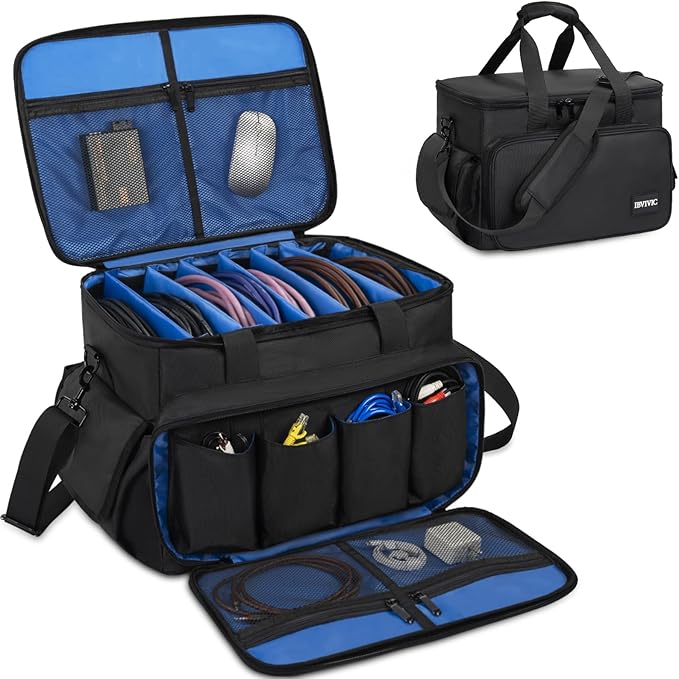 IBVIVIC Cable File Bag With Adjustable Dividers Dj Gig Bag for Cables, Cords,DJ Gear,Sound Instrument and Accessories 16L x 11W x 12H inch, Blue