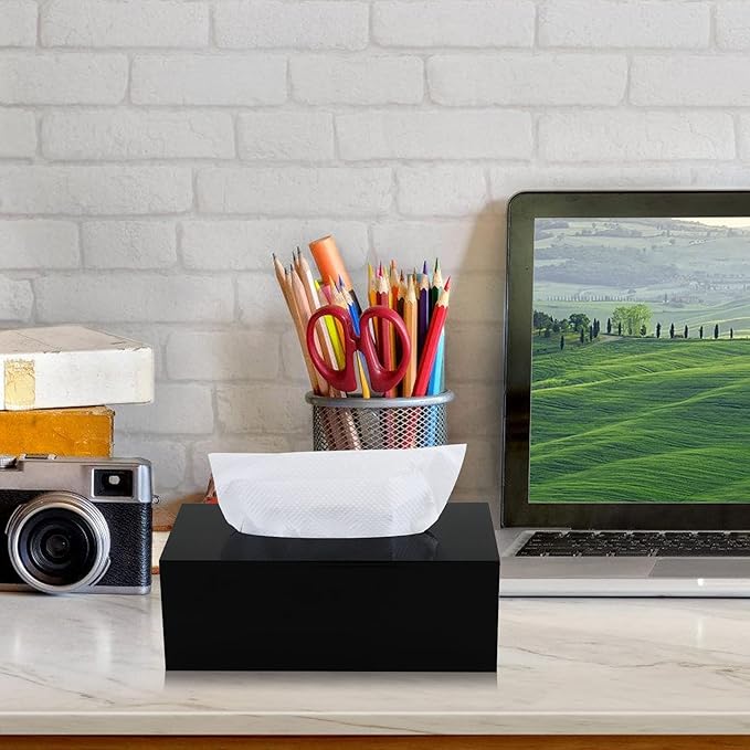 Acrylic Tissue Box Holder, PITBVO Rectangular Shiny Black Tissue Box Cover, Table Facial Napkin Dispenser for Car, Bathroom, Bedroom, Kitchen, Office, Living Room, Counter, Hotel Use