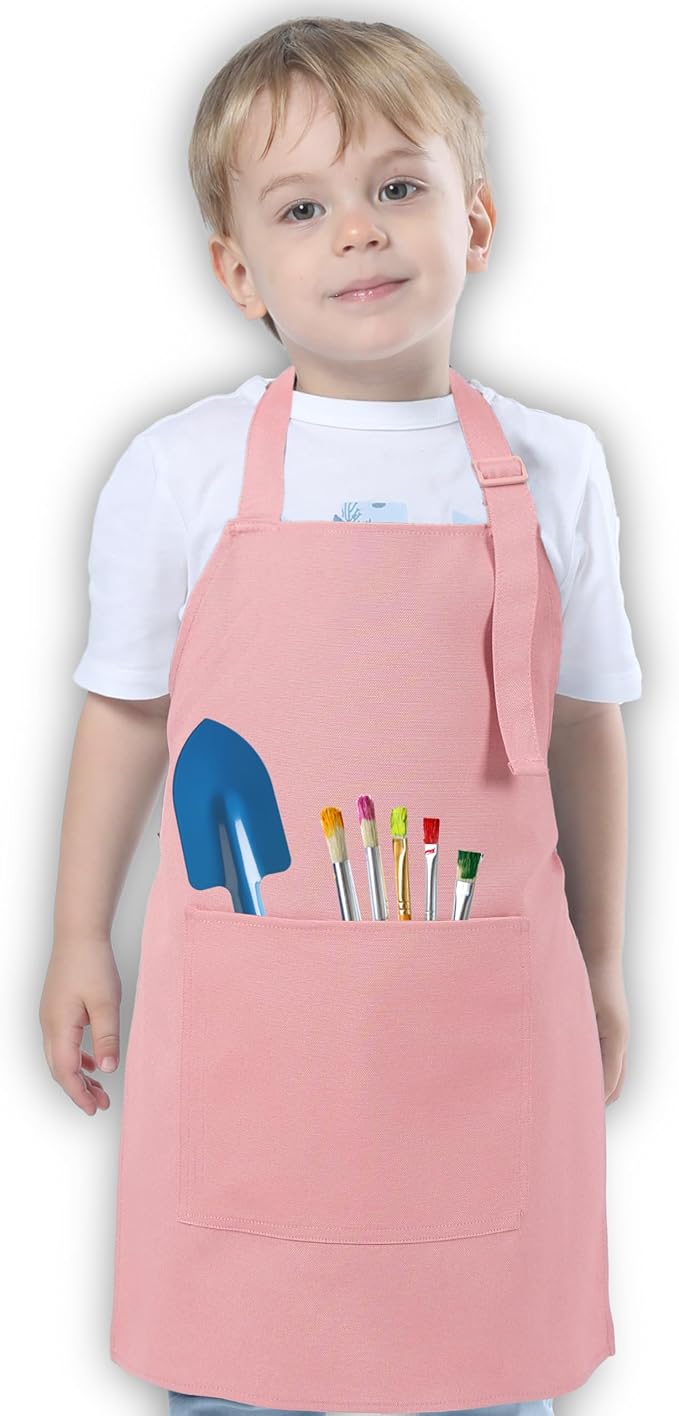Kids Aprons for Cooking Waterdrop Resistant Aprons for Girl & Boy Toddler Apron for Painting, Gardening, Baking, Smock (Powder Pink, Small (3-5 years))