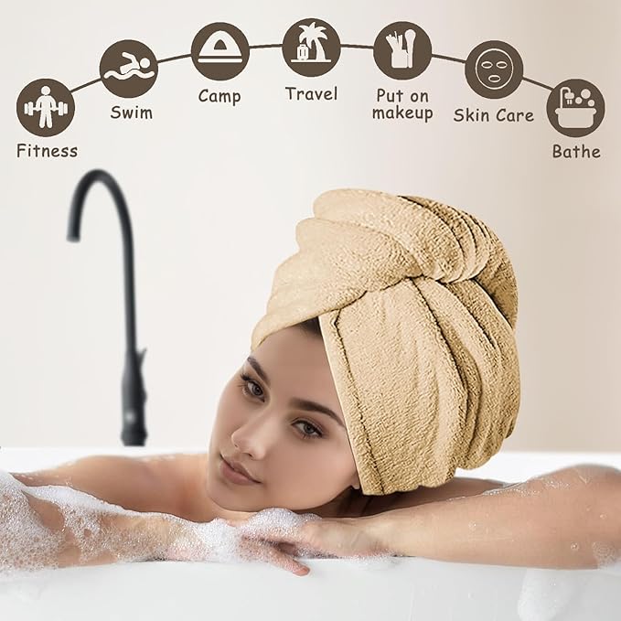 YHPDYL 3 Pack Microfiber Hair Towel Wrap for Women, Fast Drying Hair Turban with Button, Anti-Frizz Large Hair Towel for All Hair Styles, Soft & Absorbent Hair Drying Towel (Pink, Khaki, Green)