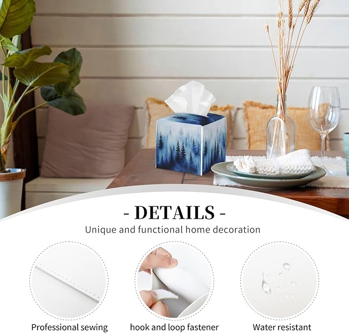 Blue Forest Tree Tissue Box Cover Square Leather Tissue Holder Decorative Facial Tissue Cube Paper Cover Case Organizer for Bathroom Night Stands Desk Tabletop Living Room Home