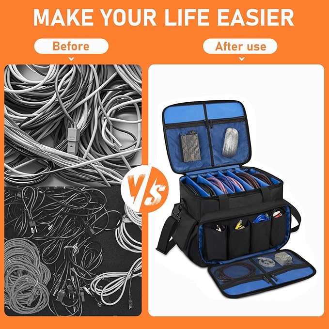 IBVIVIC DJ Cable File Bag with 6 Detachable Dividers High Capacity Gig Cable Bag for Cords,DJ Gear,Sound Instrument and Accessories, Blue