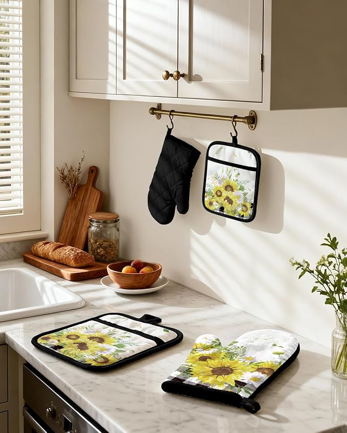 Cotton Oven Mitts and Pot Holders Sets - Quilted Lining Heat Resistant 4 Pieces Set with Hanging Loop Cute Farmhouse Boho Spring Kitchen Decor and Accessories, Plaid Sunflower
