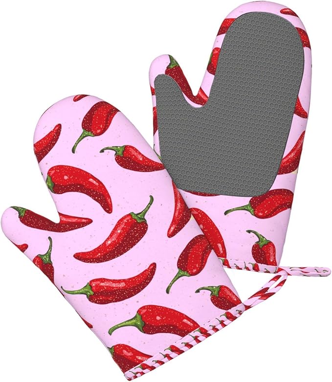 Heat Resistant Oven Mitts 2 Pack, 500°F Silicone Oven Gloves with Non-Slip Grip, Soft Quilted Cotton Lining for Baking, Grilling, BBQ, Cooking (Peppers Pink Red)