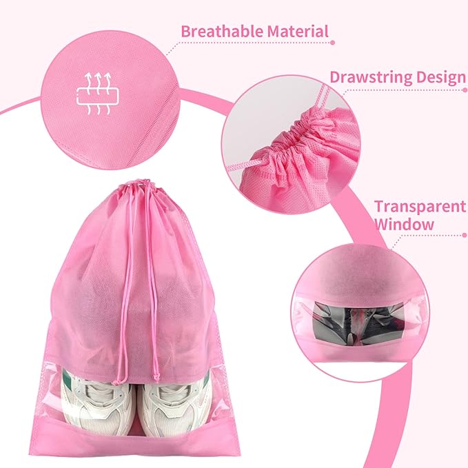 12 Pack Shoe Bags for Travel, Large Travel Shoe Bags for Packing with Clear Window, Dustproof Drawstring Travel Shoe Storage Bags Travel Essentials for Men & Women, Pink