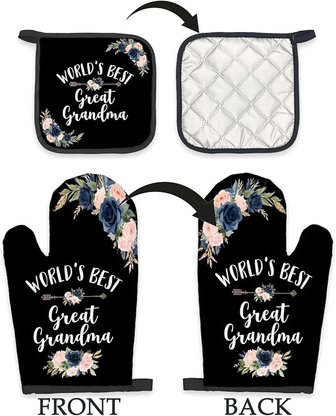 Great Grandma Gifts Oven Mitts and Pot Holders Sets, Gifts for Great Grandma Kitchen Decor Accessories Sets, World’s Best Great Grandma Heat Resistant Oven Glove Potholders for Kitchen Cooking