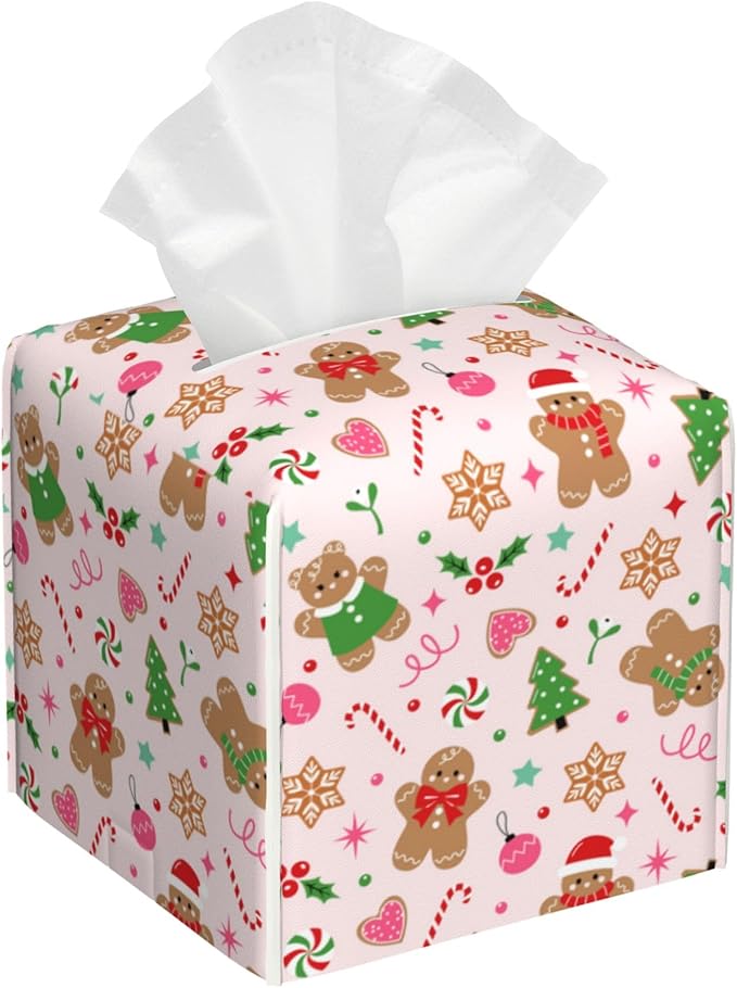 Tissue Box Cover, Christmas Gingerbread Cookies Pu Leather Square Tissue Box Cover Case Organizer Cube Box Holder for Bathroom Vanity Countertop, Night Stands, Office Desk & Car 5.2X5.2X5.2''